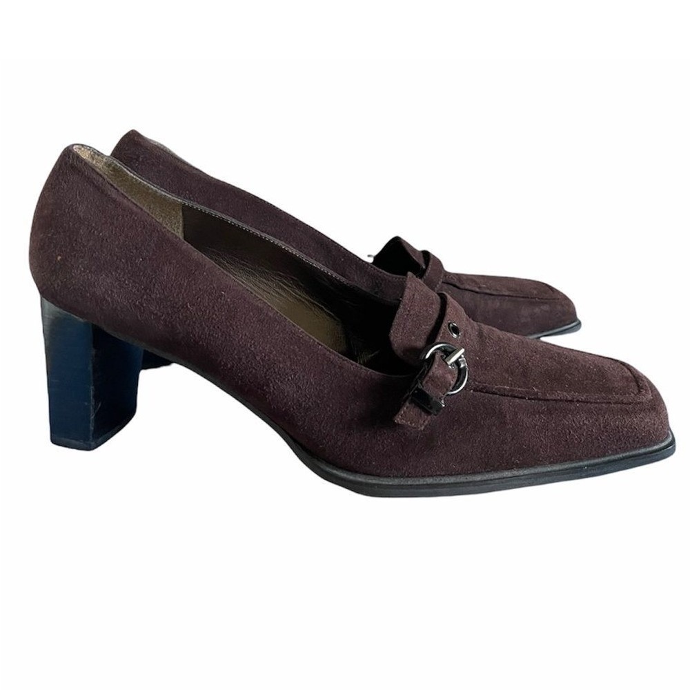 Stuart Weitzman Loafer Pump Womens 10 B Brown Suede Square Toe Block Heel Spain